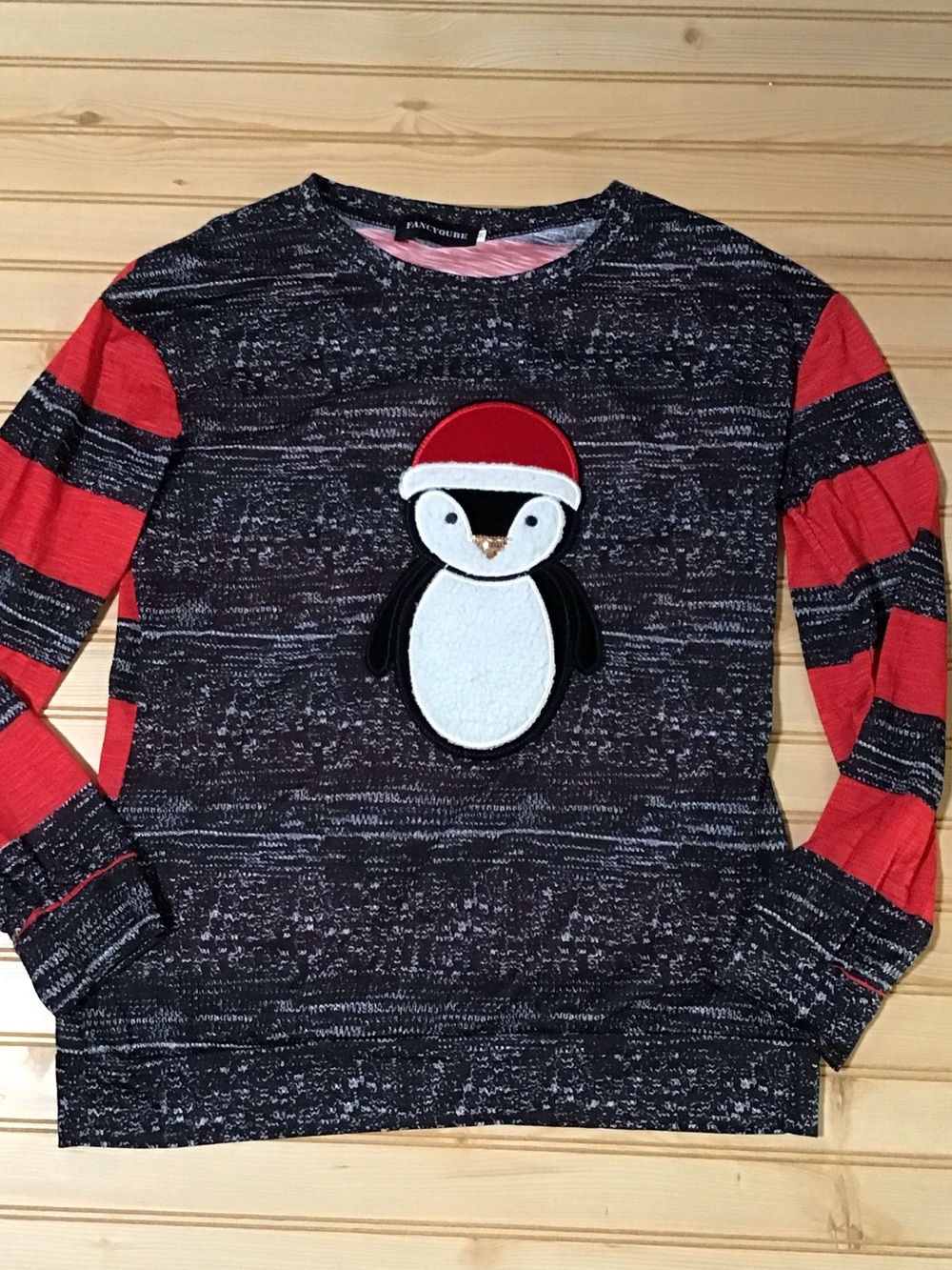 Fancyqube Black & Red Stripe Fleece Penguin Appliqué Long-Sleeve Top Medium
